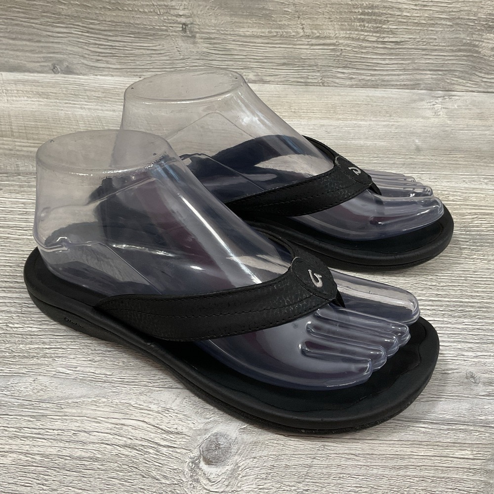 OLUKAI Ohana Hawaiian Comfort Black Thong Fit Flop Sandals Women's s Size 6 US